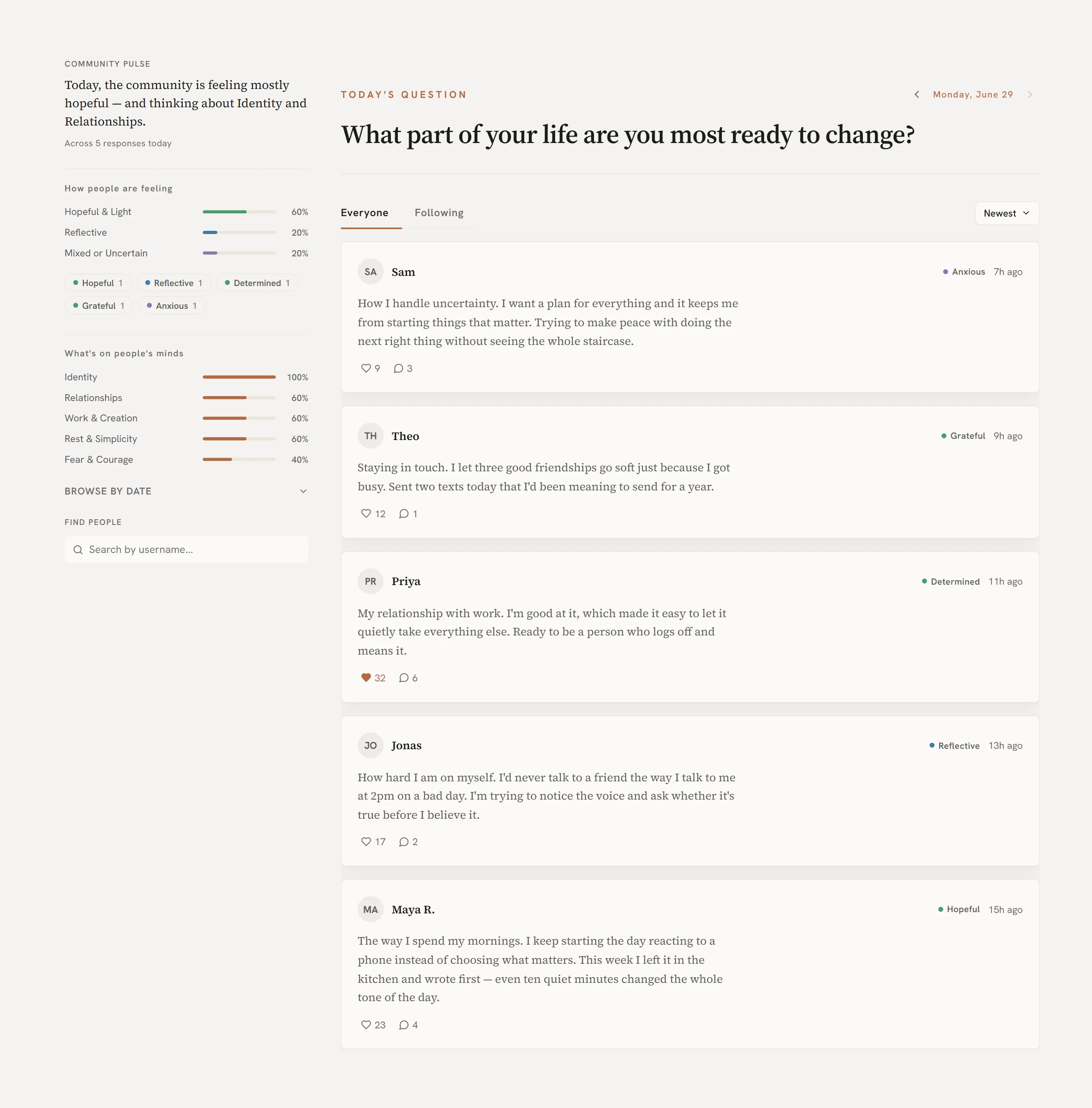 The Community page — responses to today's question with a calendar, people search, and community pulse sidebar