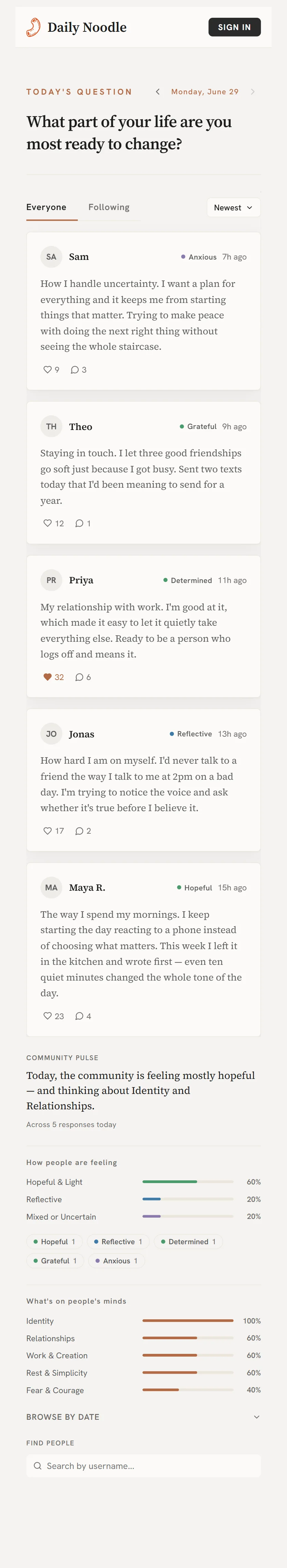 Daily Noodle on mobile — the community feed of responses to today's question